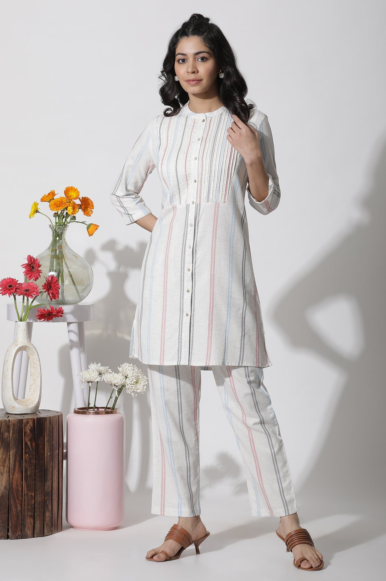 White Stripe Printed Pintuck Tunic And Pants Co-Ord Set - Image 9